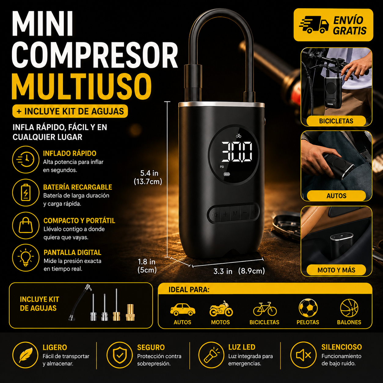 MINI COMPRESOR MULTIUSO + INCLUYE KIT DE AGUJAS + ENVÍO GRATIS 📦