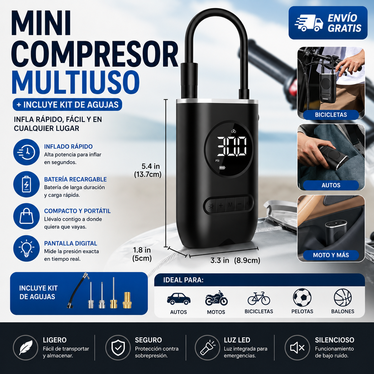 MINI COMPRESOR MULTIUSO + INCLUYE KIT DE AGUJAS + ENVÍO GRATIS 📦