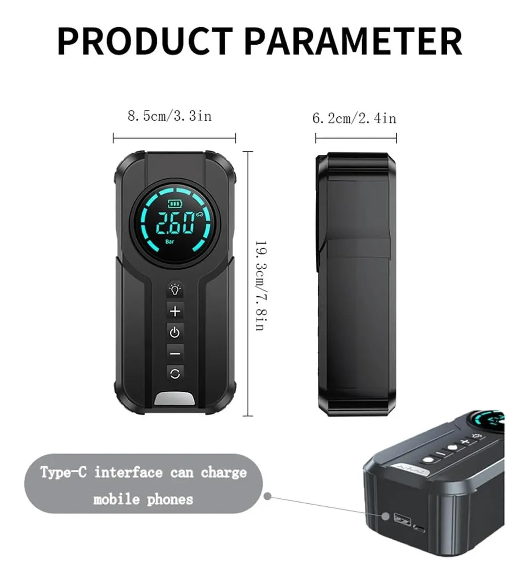 POWERGO™ 4EN1 COMPRESOR + CARGADOR DE BATERIA + CARGADOR DE CELULAR + LINTERNA