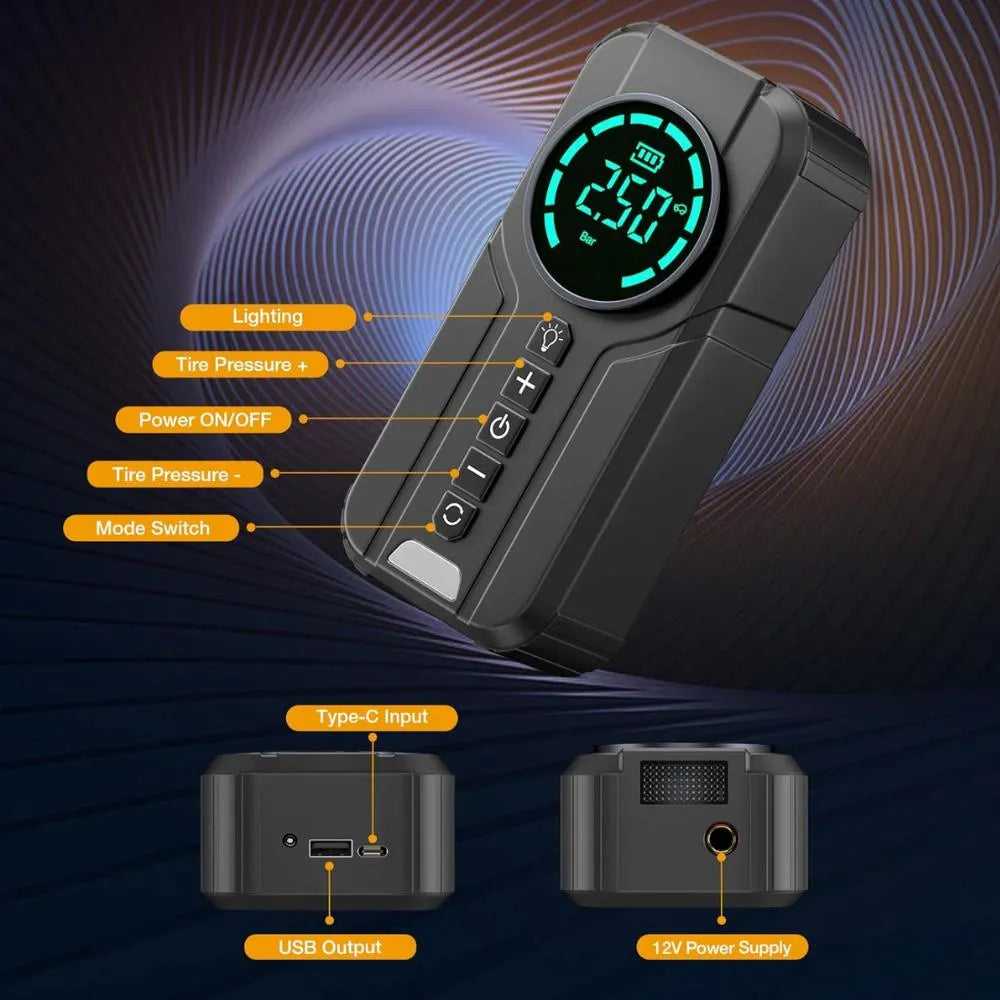 POWERGO™ 4EN1 COMPRESOR + CARGADOR DE BATERIA + CARGADOR DE CELULAR + LINTERNA